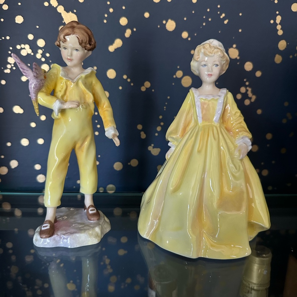 Royal Worcester Yellow Porcelain Figurines Set Grandmother’s Dress and Parakeet